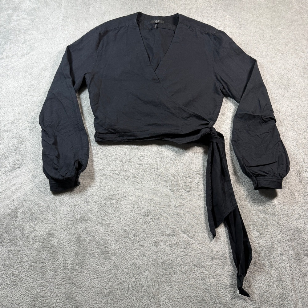 Rag & Bone Prescot Wrap Top Womens XS Black Linen Cotton